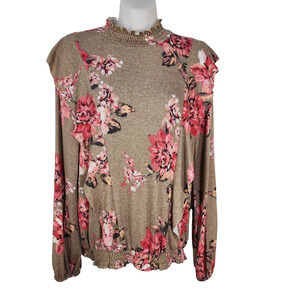 Maurices Womens Top Medium Tan Floral Ruffle Smocked Waist Mock Neck Long Sleeve